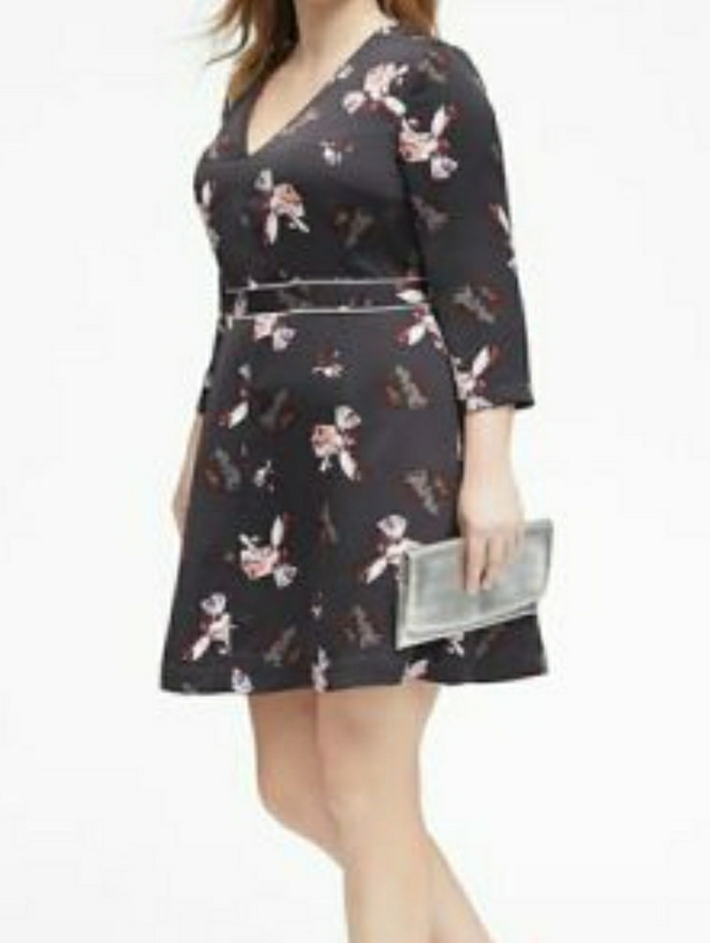 Banana Republic Satin Floral Fit & Flare Dress in Charcoal Gray.  Size: 4